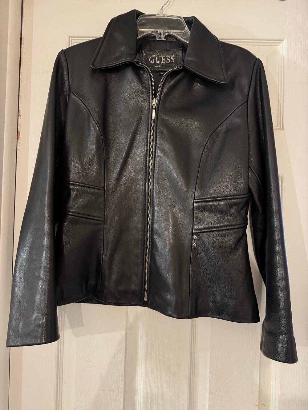 Vintage GUESS Black Leather Full-Zip Moto Biker Jacket Size M